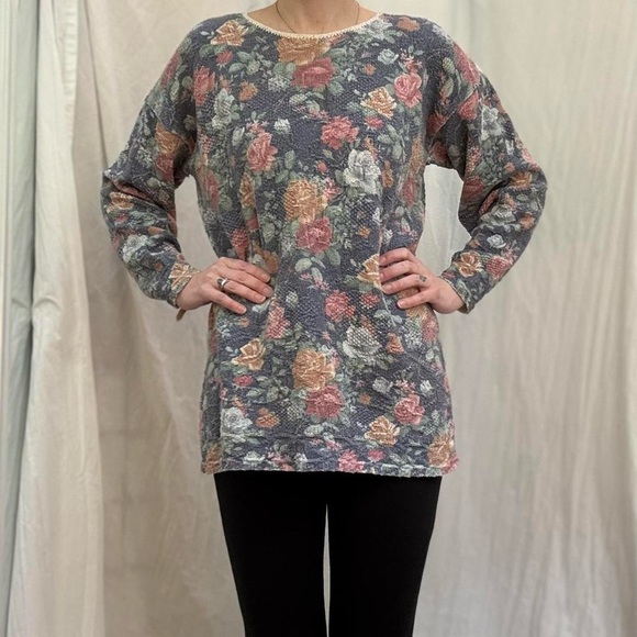 Pastel Blue, Pink, Gold and Green Floral Print Sweater Vintage 90s Cottagecore - Picture 2 of 7